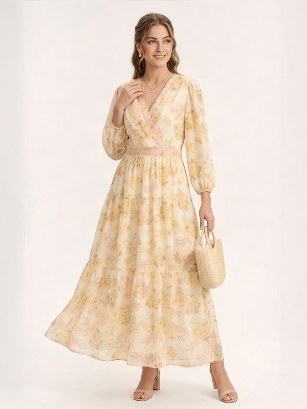 TAYLOR Floral Ivory Yellow Pink Chiffon Tiered Long Sleeve Maxi Dress Sz 6